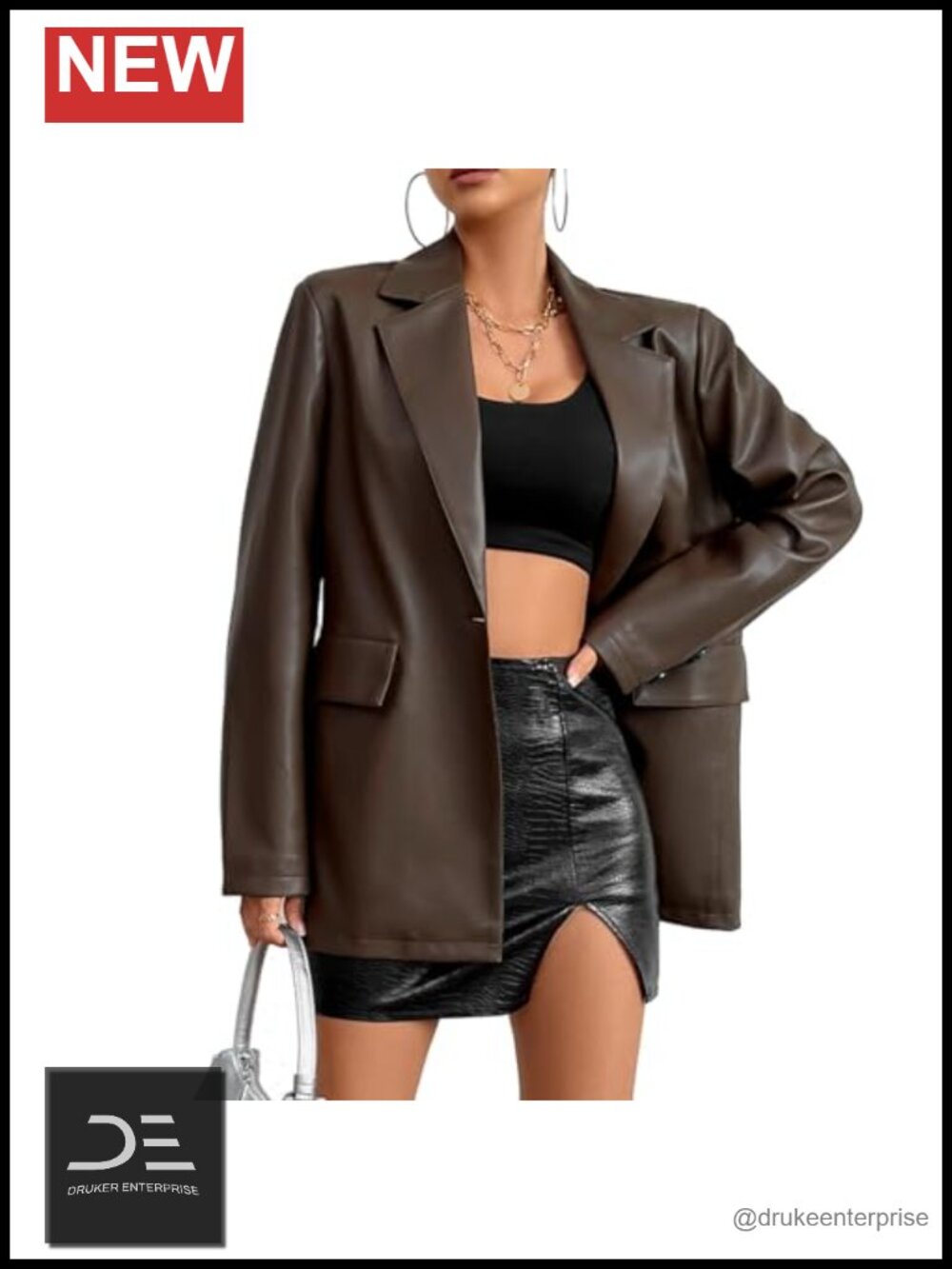 Faux Leather Blazer Jacket Moto Biker Coat Long Sleeve Button
